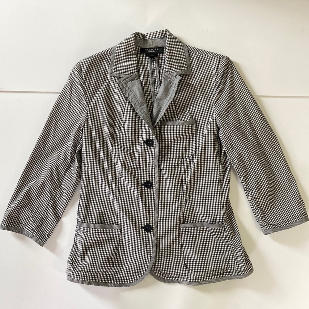 TALBOTS Black White Gingham Stretch Cotton Lightweight Blazer size 8